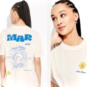 WILD FABLE | XS | Costa Brava Oversized Ivory Cotton Graphic Mar Azul T-shirt